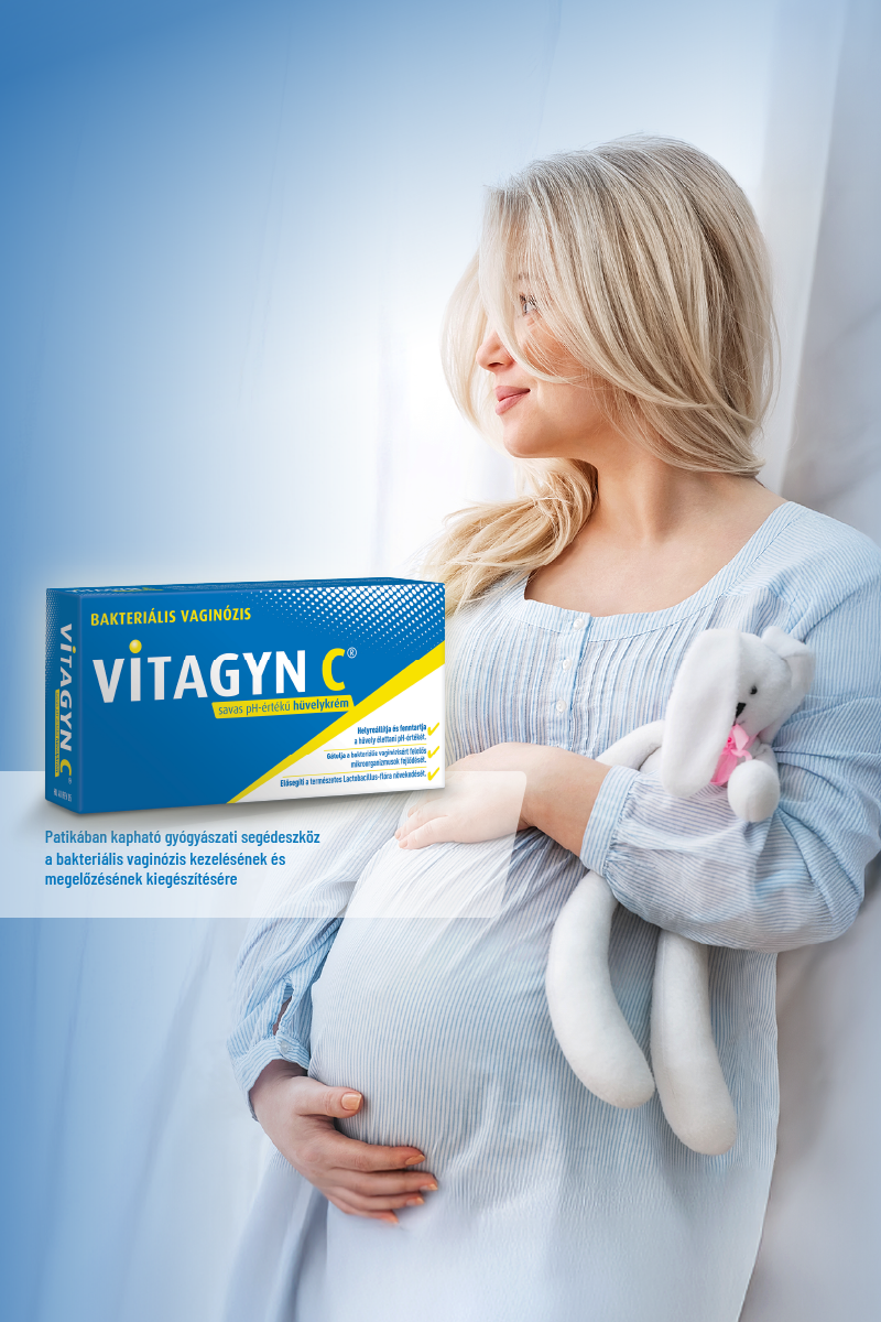 Várandós nő és a Vitagyn C® doboza – patikában kapható gyógyászati segédeszköz a bakteriális vaginózis kezelésének és megelőzésének kiegészítésére